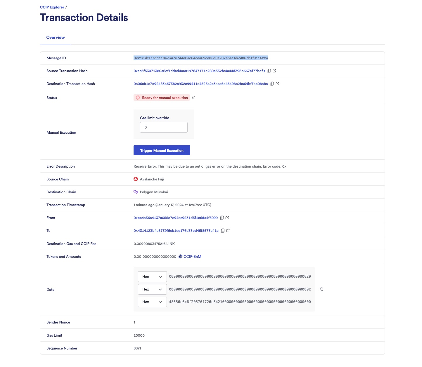 Chainlink CCIP Explorer transaction details ready for manual execution